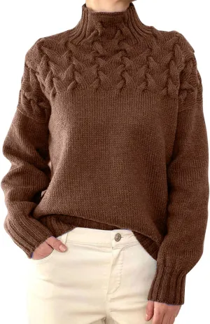 Womens Oversized Turtleneck Pullover Sweater Color Block Sweater Tops Fall 2024 Chunky Cable Knit Pullover Sweaters