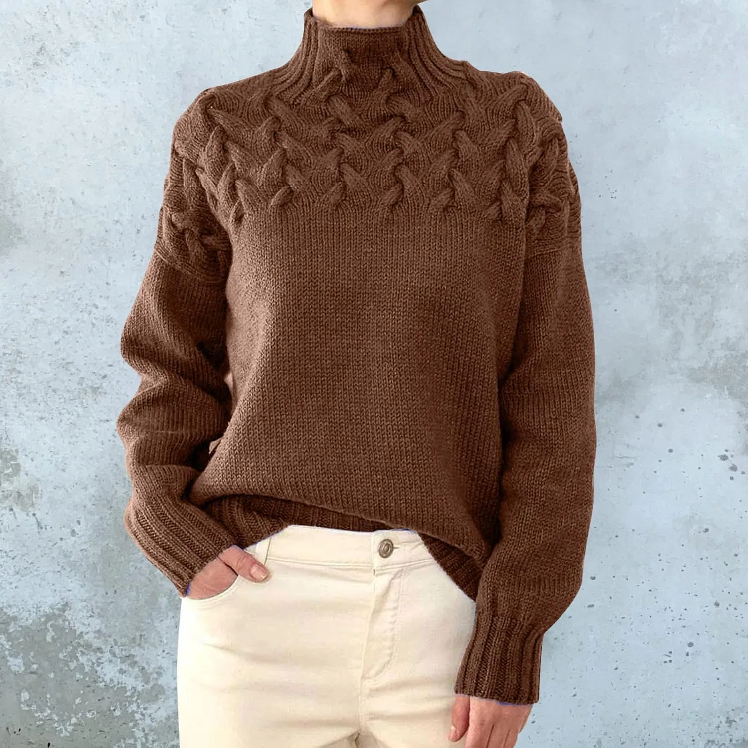 Womens Oversized Turtleneck Pullover Sweater Color Block Sweater Tops Fall 2024 Chunky Cable Knit Pullover Sweaters