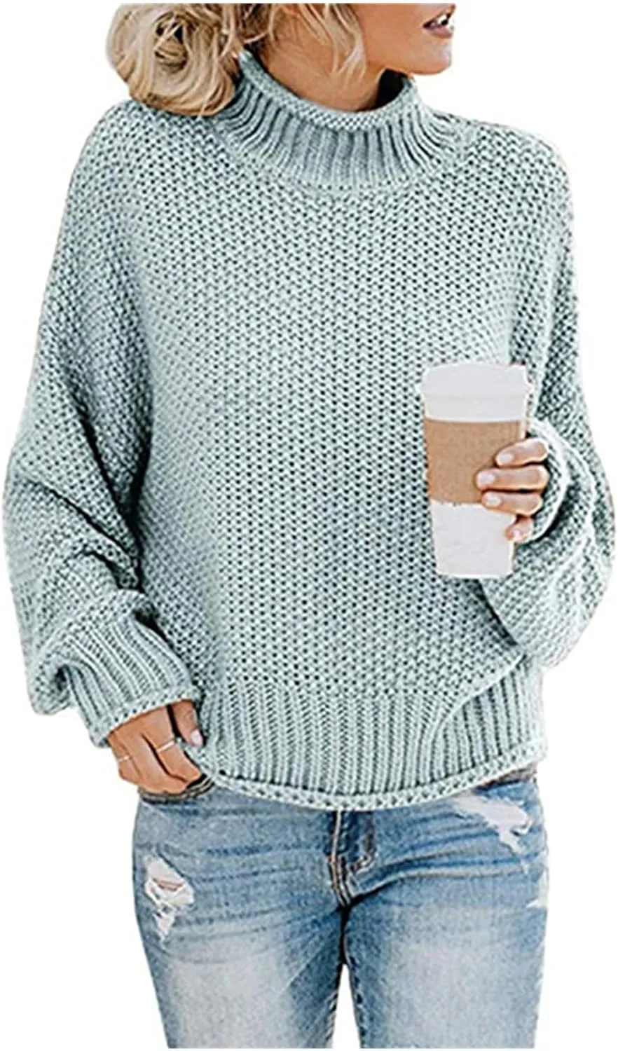 Womens Oversized Turtleneck Sweater Casual Loose Batwing Sleeve Chunky Knit Sweaters Comfy Winter Pullover Jumper Tops