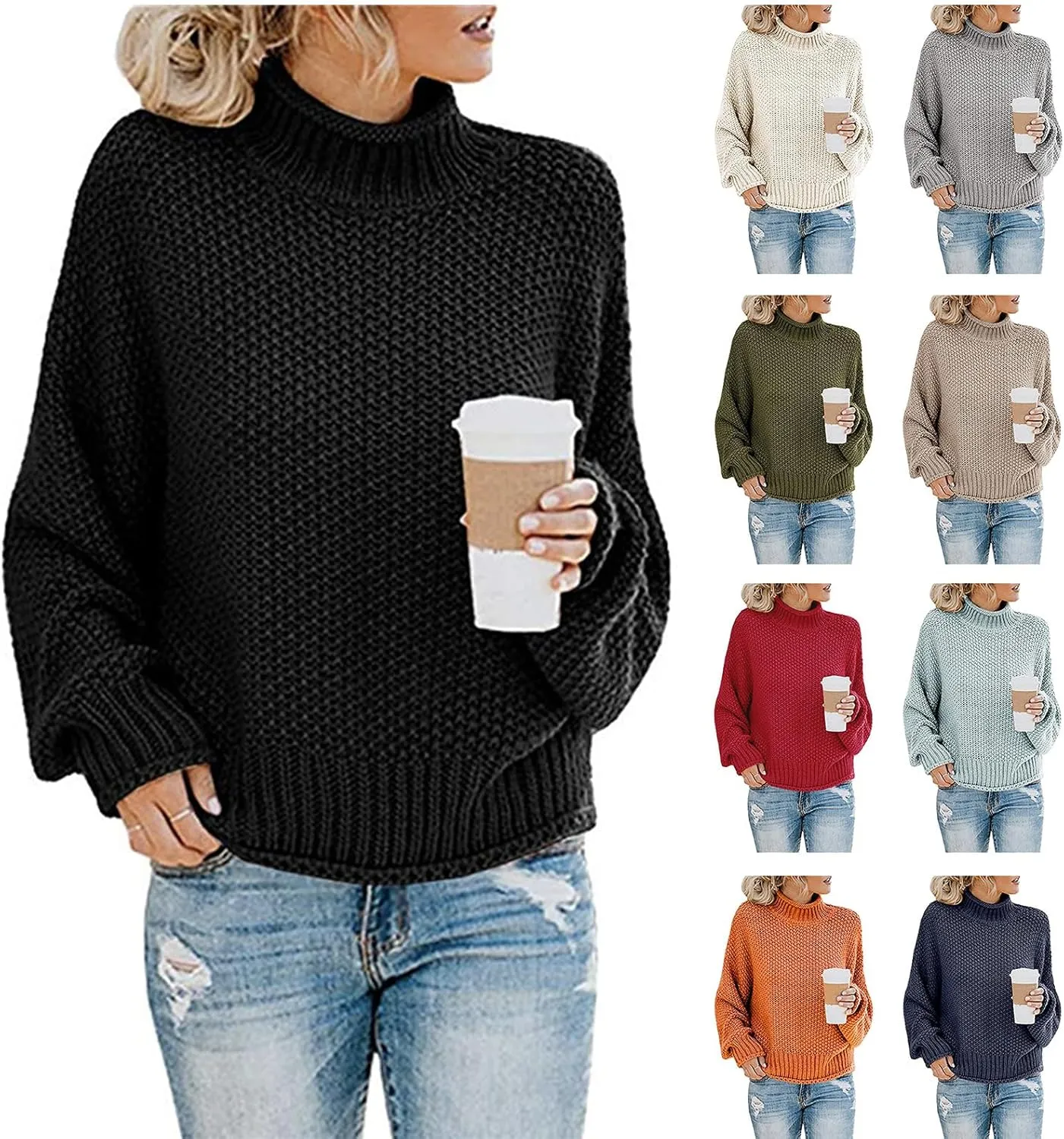 Womens Oversized Turtleneck Sweater Casual Loose Batwing Sleeve Chunky Knit Sweaters Comfy Winter Pullover Jumper Tops