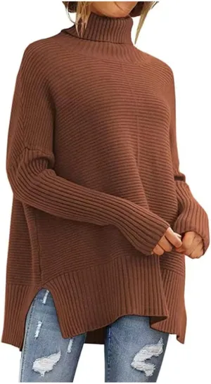 Women's Oversized Turtleneck Sweaters Fall Batwing Sleeve Ribbed Side Split Tunic Sweater Casual Pullover Knit Tops