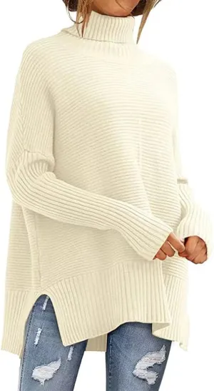 Women's Oversized Turtleneck Sweaters Fall Batwing Sleeve Ribbed Side Split Tunic Sweater Casual Pullover Knit Tops