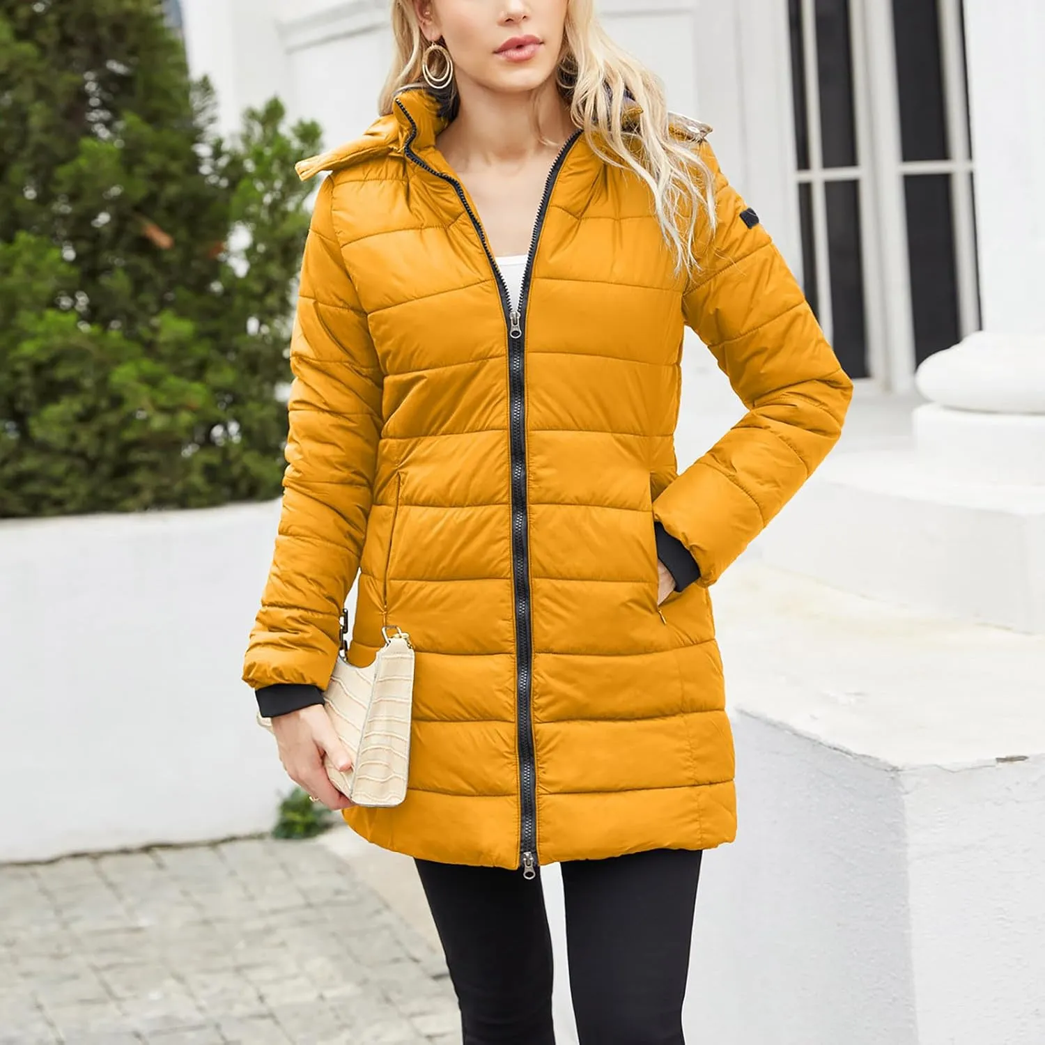 Womens Packable Puffer Coat Trendy Windproof Lightweight Down Jacket 2024 Winter Warm Long Puffer Coat Detachable Hood