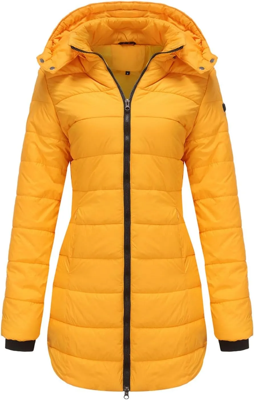 Womens Packable Puffer Coat Trendy Windproof Lightweight Down Jacket 2024 Winter Warm Long Puffer Coat Detachable Hood