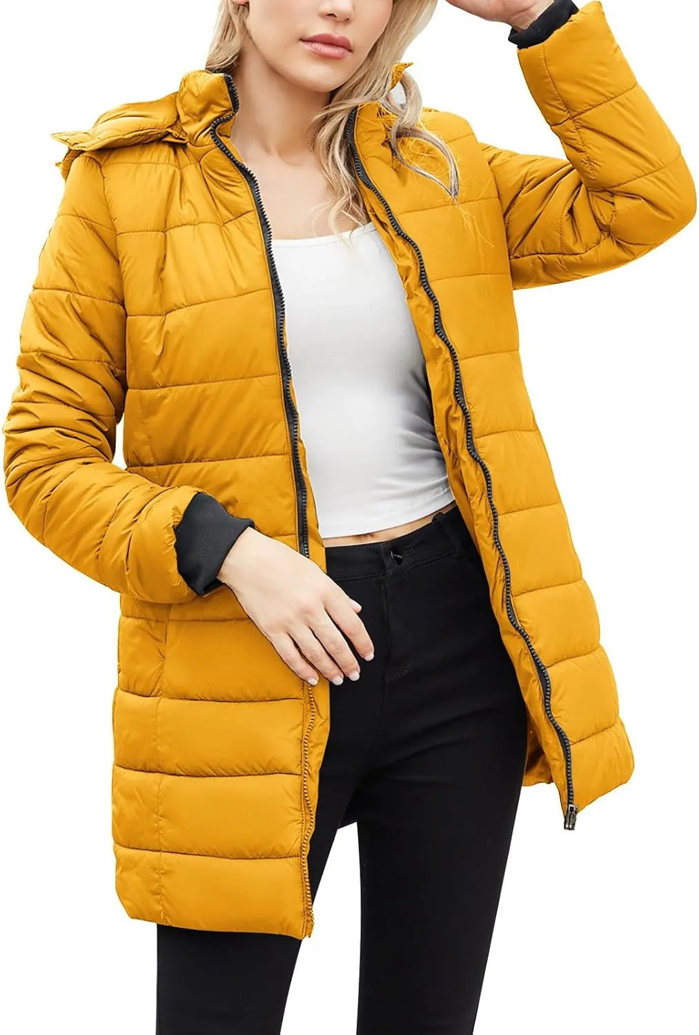 Womens Packable Puffer Coat Trendy Windproof Lightweight Down Jacket 2024 Winter Warm Long Puffer Coat Detachable Hood