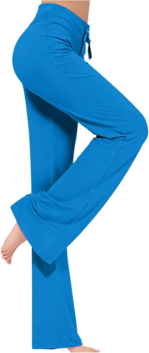 Women's Palazzo Lounge Pants Drawstring Elastic High Waist Straight Leg Pants with Pockets Plain Yoga Pants