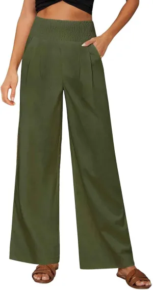 Womens Pants Dressy Casual Wide Leg Trousers High Waist Baggy Straight Leg Bottoms Beach Comfy Solid Pant with Pockets