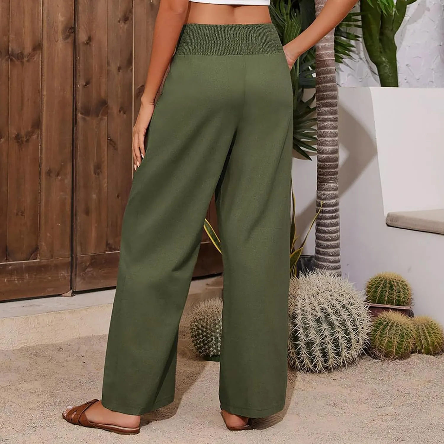Womens Pants Dressy Casual Wide Leg Trousers High Waist Baggy Straight Leg Bottoms Beach Comfy Solid Pant with Pockets