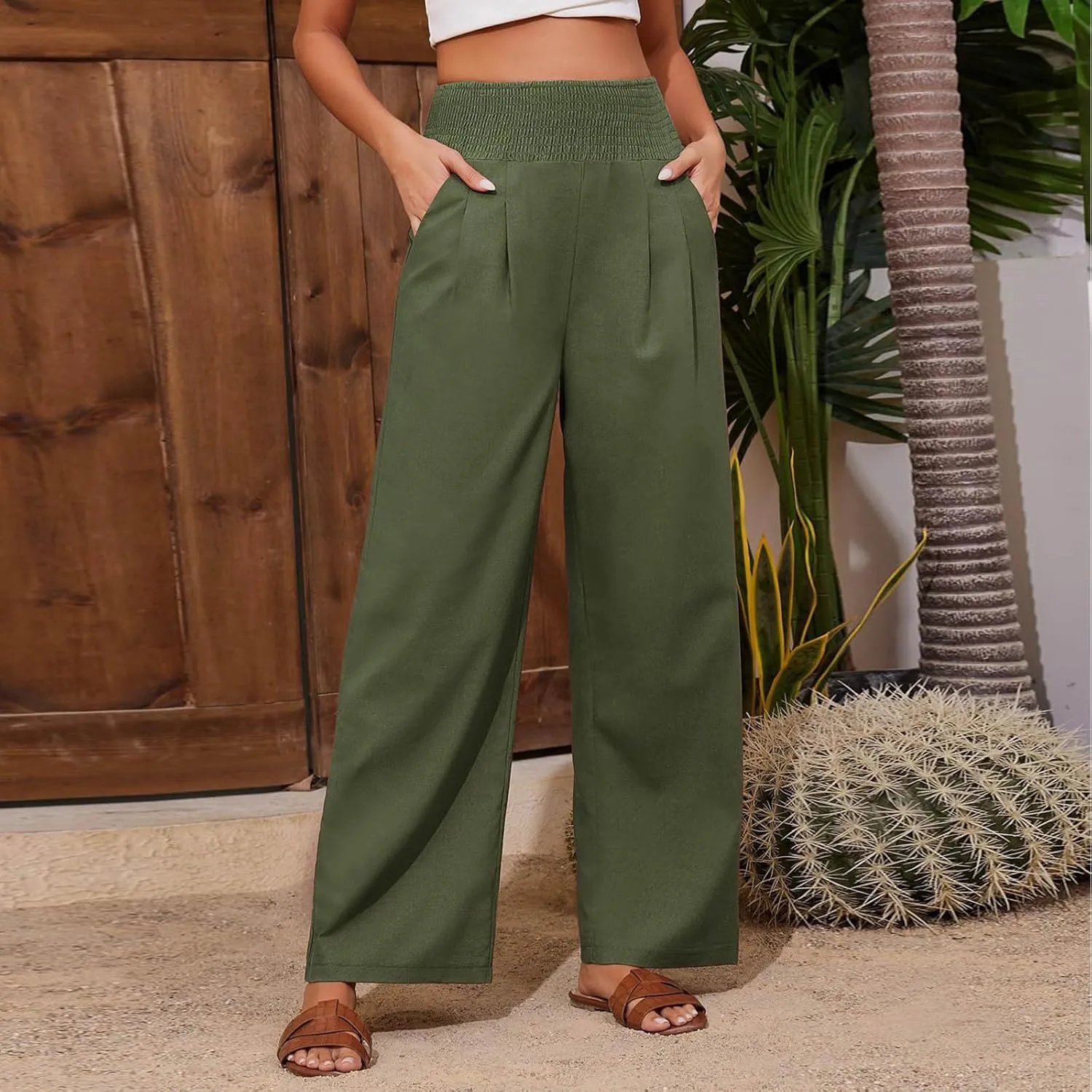 Womens Pants Dressy Casual Wide Leg Trousers High Waist Baggy Straight Leg Bottoms Beach Comfy Solid Pant with Pockets