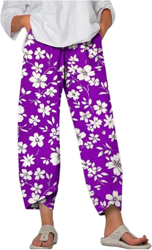 Womens Plus Size Capri Pants Trendy Floral Print Summer Capris Tulip Hem Casual Cropped Pants Elastic Waist Joggers