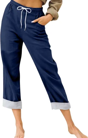 Womens Roll Up Capri Pants Cotton Linen High Waisted Drawstring Pants with Pocket 2025 Summer Lounge Elastic Trousers
