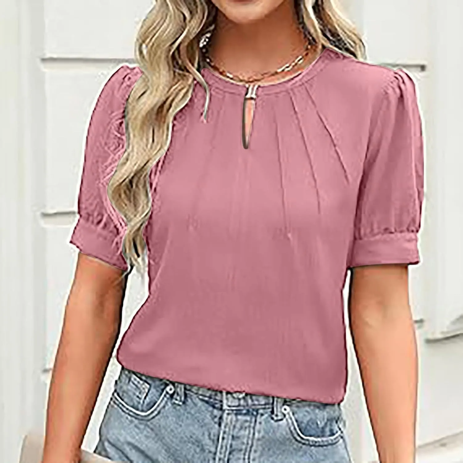 Women's Short Sleeve Crewneck T-Shirts Simple Solid Color Tops Casual Trendy Lightweight Summer Shirt
