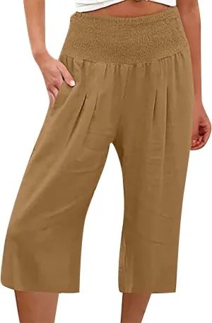 Womens Shorts Cotton Linen Shorts Capri Elastic Waist Linen Shorts Baggy Capri Pant Casual Beach Shorts with Pocket