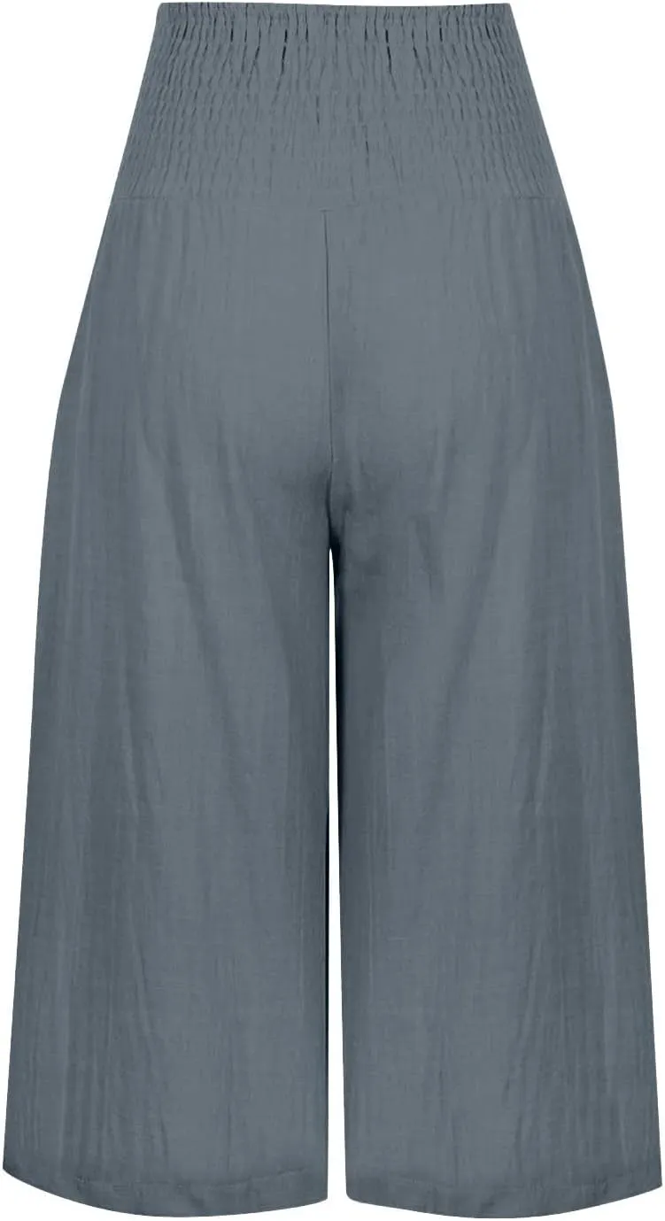Womens Shorts Cotton Linen Shorts Capri Elastic Waist Linen Shorts Baggy Capri Pant Casual Beach Shorts with Pocket