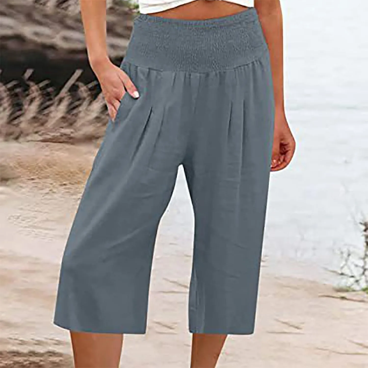 Womens Shorts Cotton Linen Shorts Capri Elastic Waist Linen Shorts Baggy Capri Pant Casual Beach Shorts with Pocket