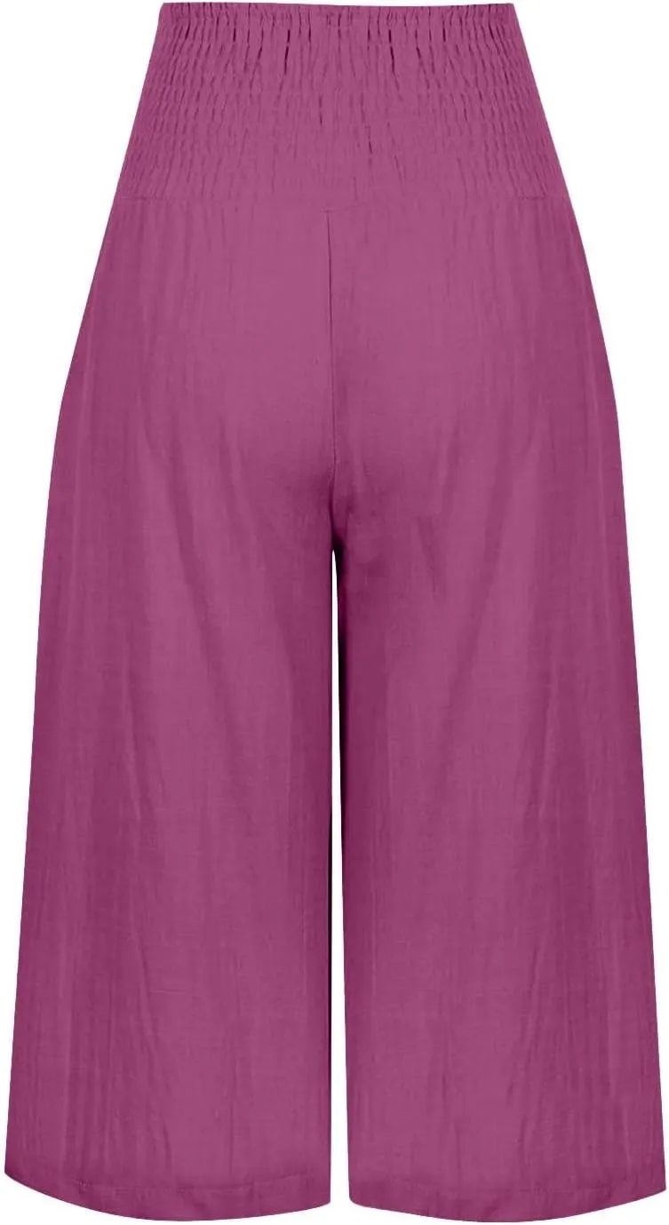 Womens Shorts Cotton Linen Shorts Capri Elastic Waist Linen Shorts Baggy Capri Pant Casual Beach Shorts with Pocket