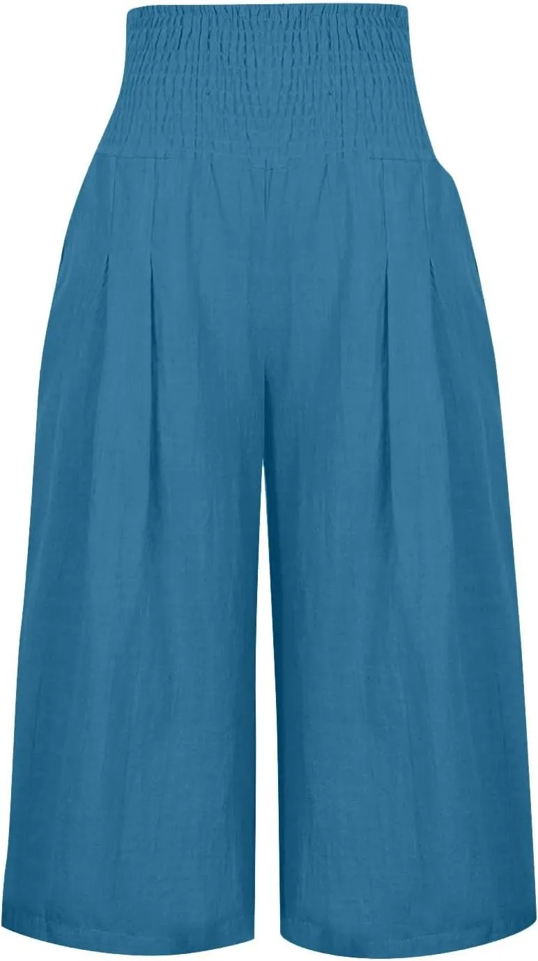 Womens Shorts Cotton Linen Shorts Capri Elastic Waist Linen Shorts Baggy Capri Pant Casual Beach Shorts with Pocket