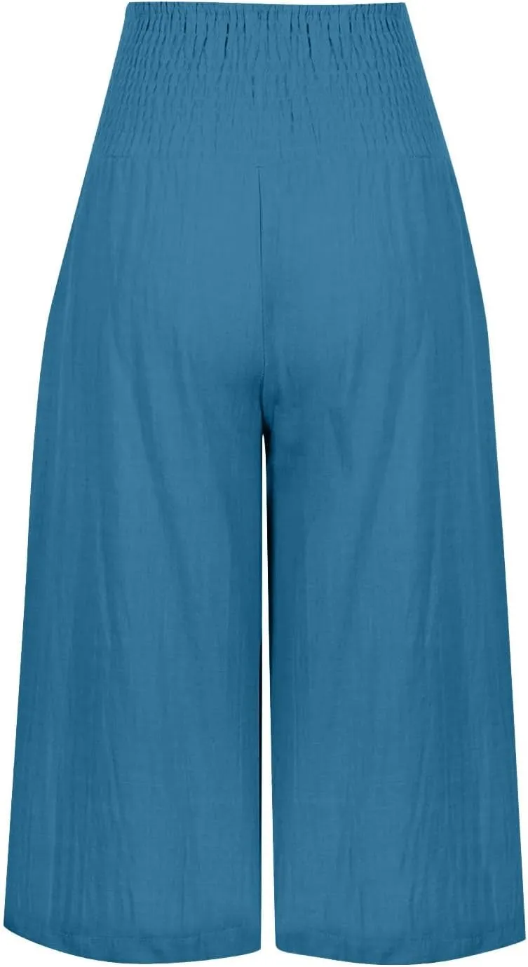 Womens Shorts Cotton Linen Shorts Capri Elastic Waist Linen Shorts Baggy Capri Pant Casual Beach Shorts with Pocket