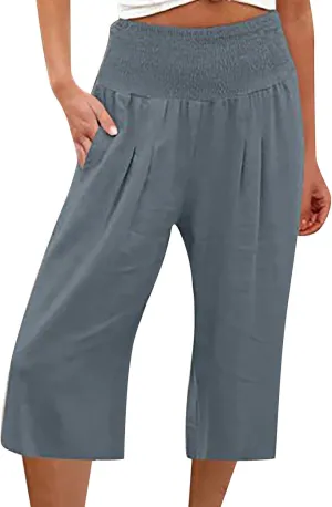 Womens Shorts Cotton Linen Shorts Capri Elastic Waist Linen Shorts Baggy Capri Pant Casual Beach Shorts with Pocket