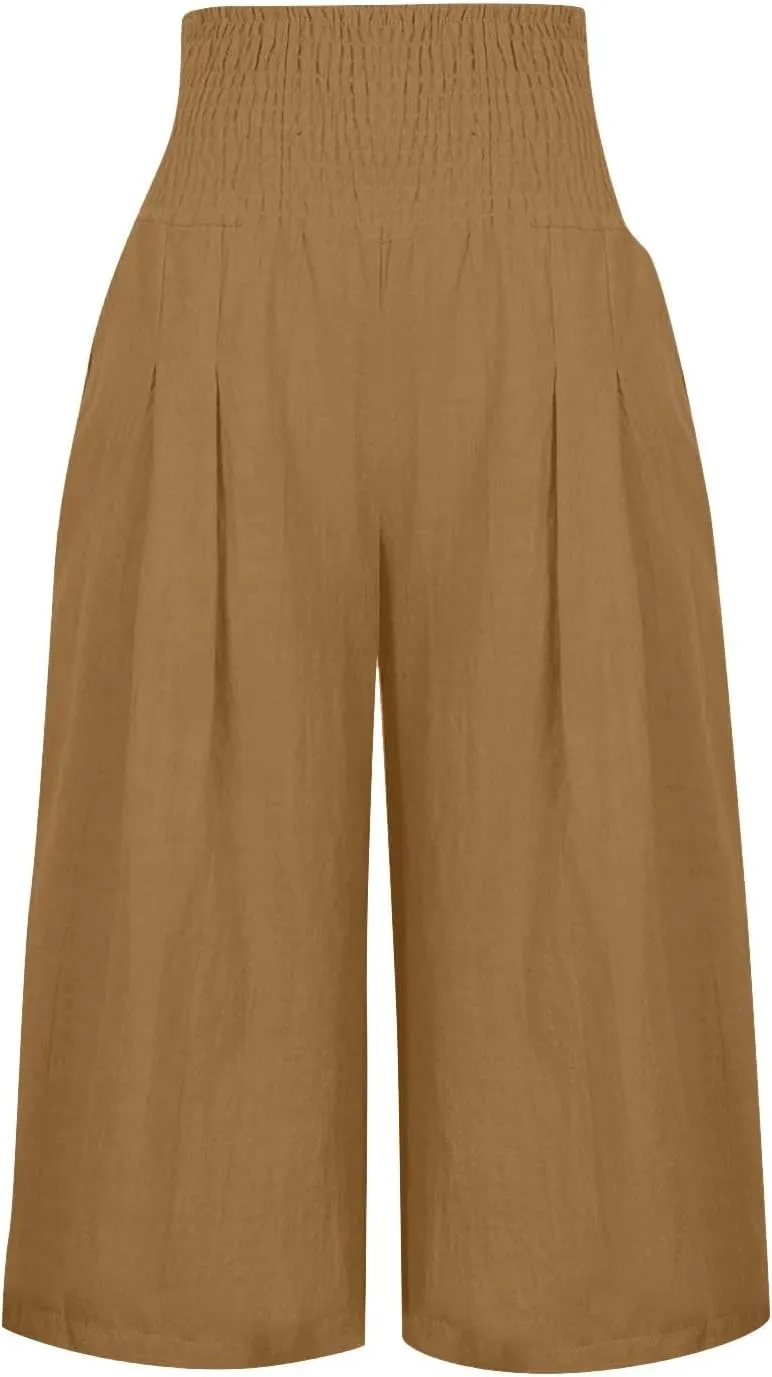 Womens Shorts Cotton Linen Shorts Capri Elastic Waist Linen Shorts Baggy Capri Pant Casual Beach Shorts with Pocket