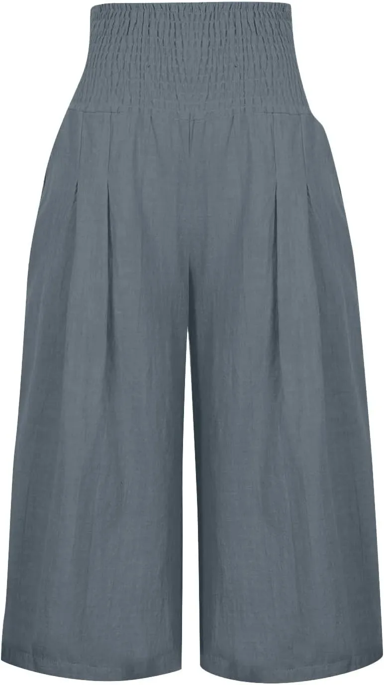 Womens Shorts Cotton Linen Shorts Capri Elastic Waist Linen Shorts Baggy Capri Pant Casual Beach Shorts with Pocket