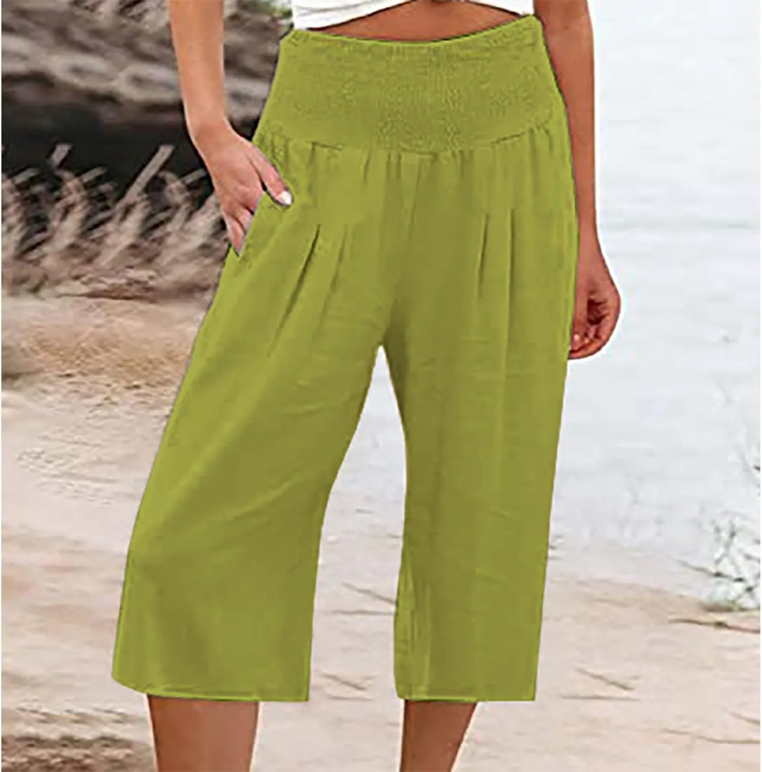 Womens Shorts Cotton Linen Shorts Capri Elastic Waist Linen Shorts Baggy Capri Pant Casual Beach Shorts with Pocket