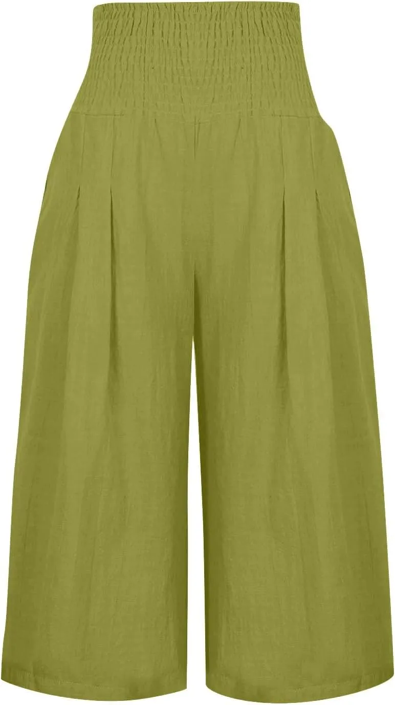 Womens Shorts Cotton Linen Shorts Capri Elastic Waist Linen Shorts Baggy Capri Pant Casual Beach Shorts with Pocket