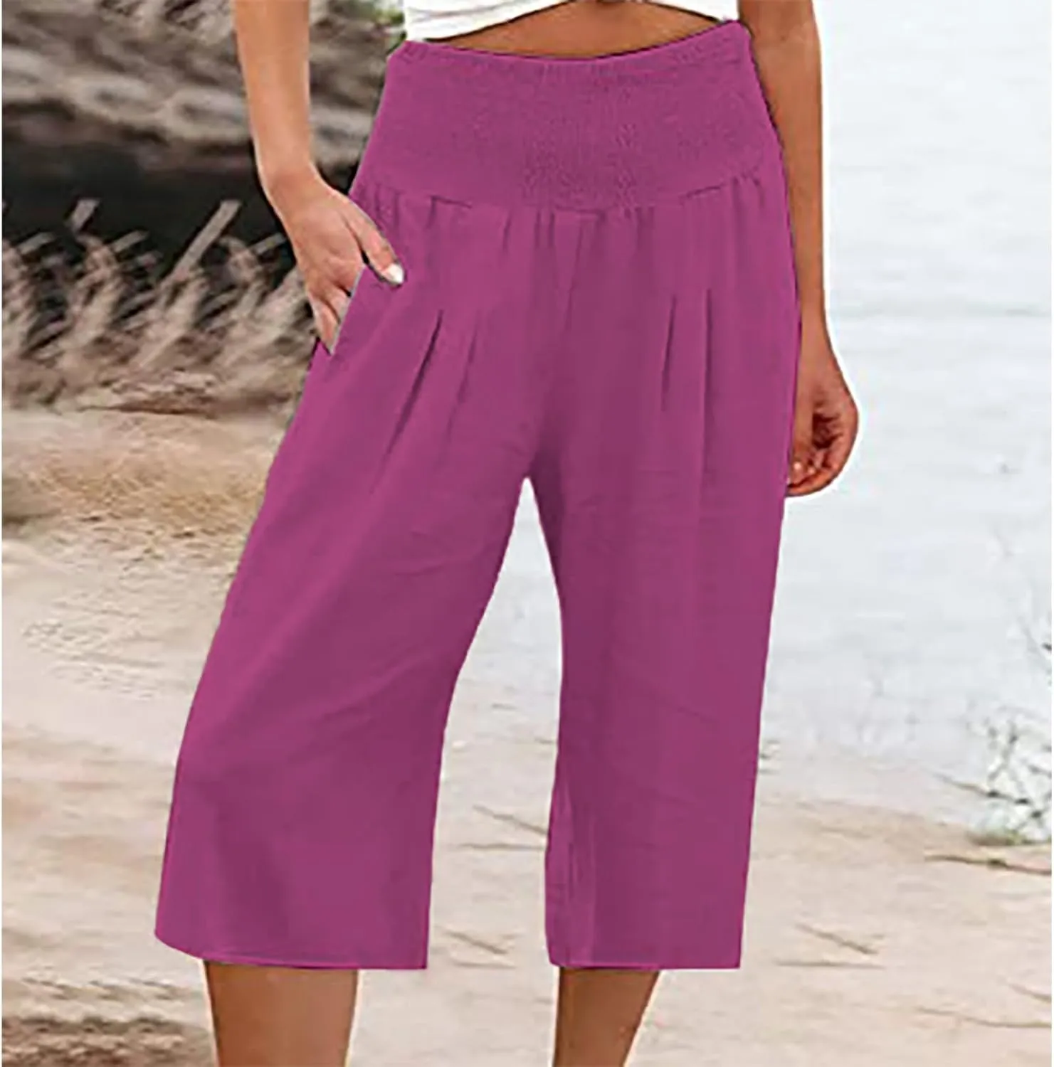 Womens Shorts Cotton Linen Shorts Capri Elastic Waist Linen Shorts Baggy Capri Pant Casual Beach Shorts with Pocket