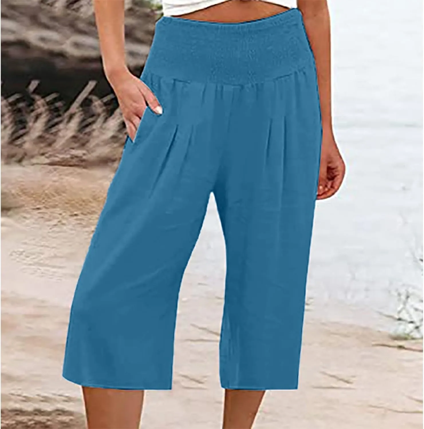 Womens Shorts Cotton Linen Shorts Capri Elastic Waist Linen Shorts Baggy Capri Pant Casual Beach Shorts with Pocket
