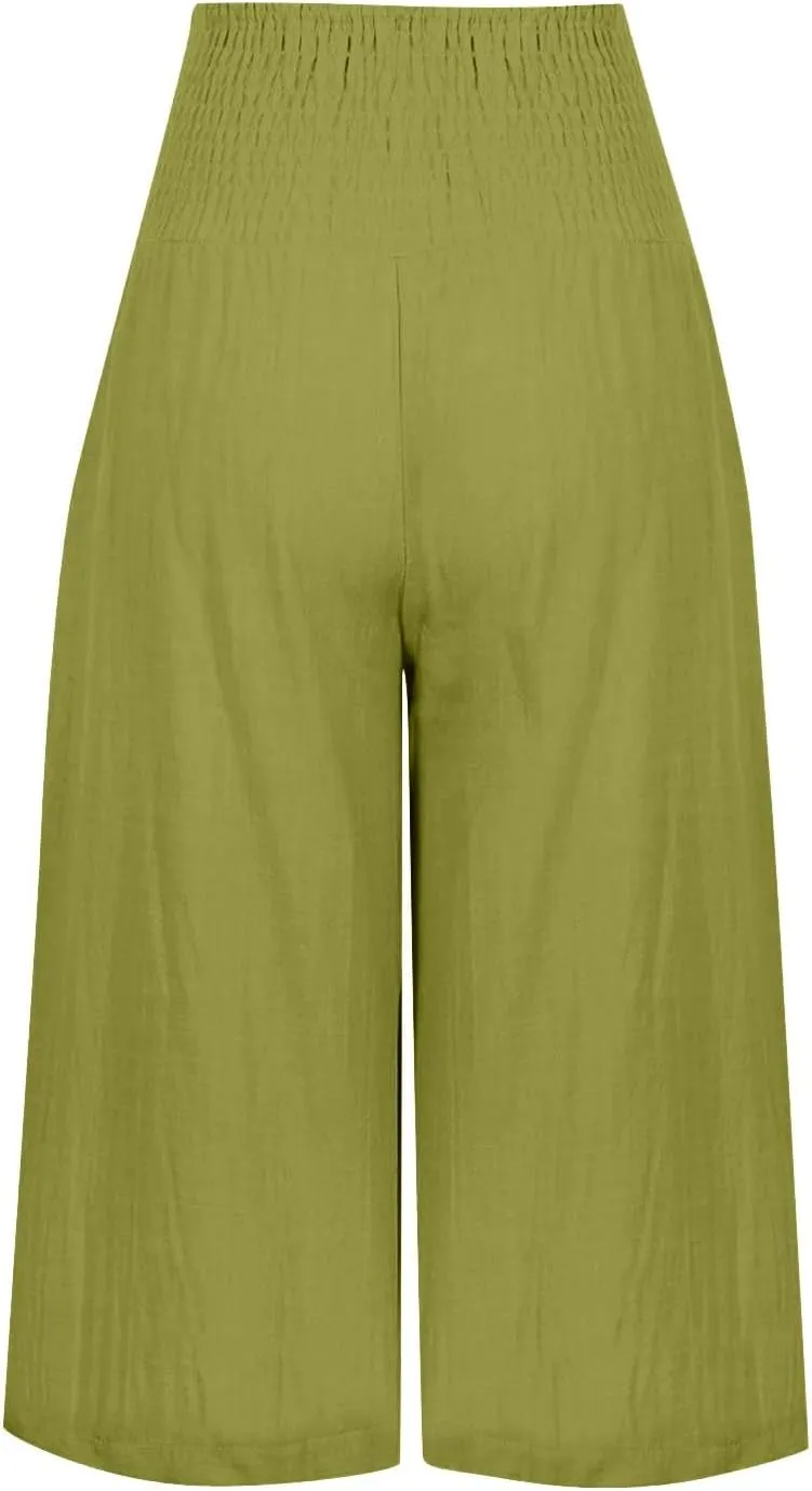 Womens Shorts Cotton Linen Shorts Capri Elastic Waist Linen Shorts Baggy Capri Pant Casual Beach Shorts with Pocket