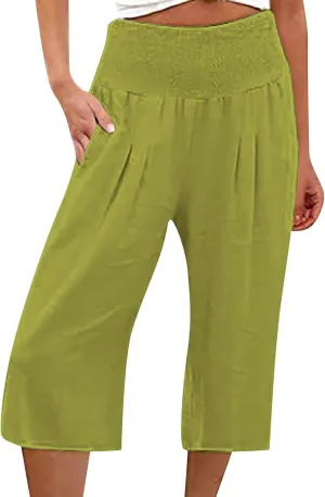 Womens Shorts Cotton Linen Shorts Capri Elastic Waist Linen Shorts Baggy Capri Pant Casual Beach Shorts with Pocket