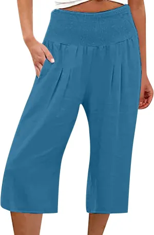 Womens Shorts Cotton Linen Shorts Capri Elastic Waist Linen Shorts Baggy Capri Pant Casual Beach Shorts with Pocket