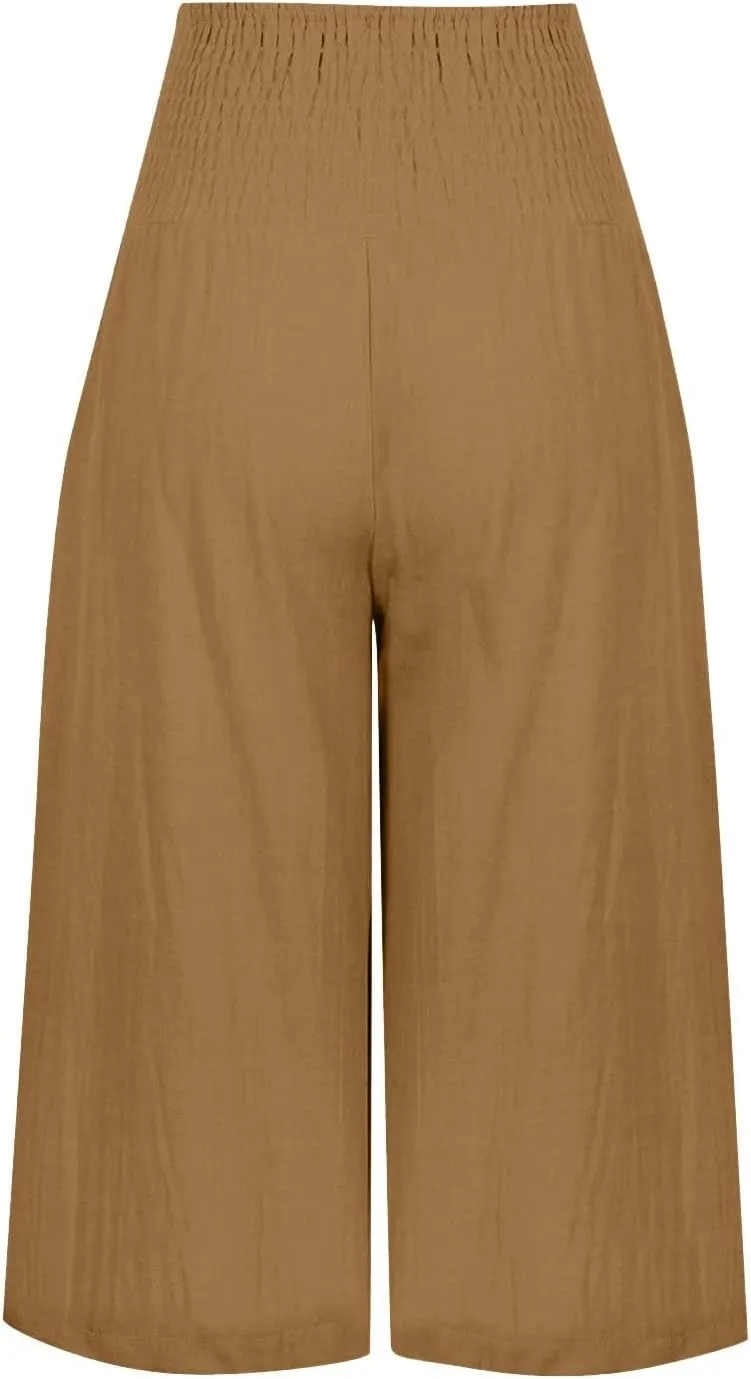 Womens Shorts Cotton Linen Shorts Capri Elastic Waist Linen Shorts Baggy Capri Pant Casual Beach Shorts with Pocket