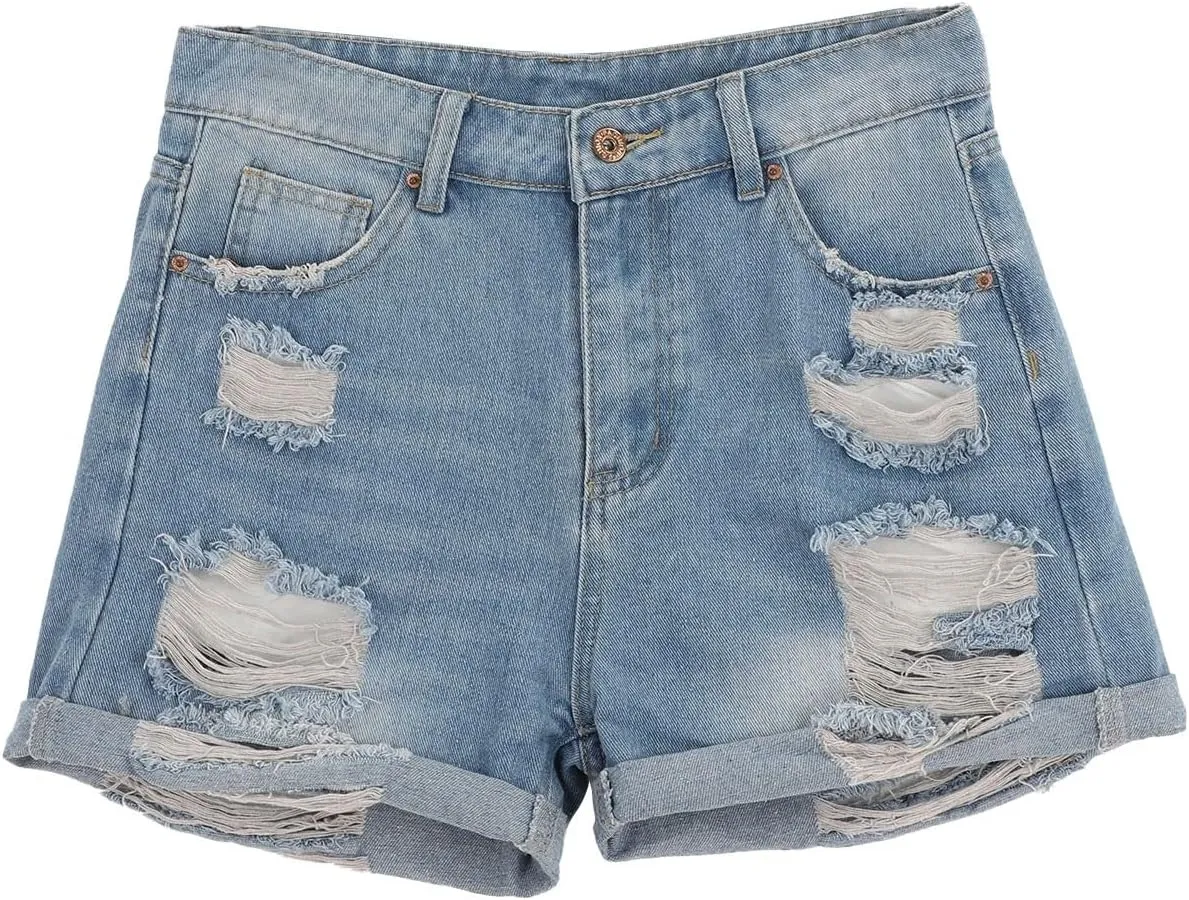 Womens Split Hem High Waist Denim Skorts Skirt Shorts Button Ripped Jeans Skort Fringed Distressed Denim Mini Pant