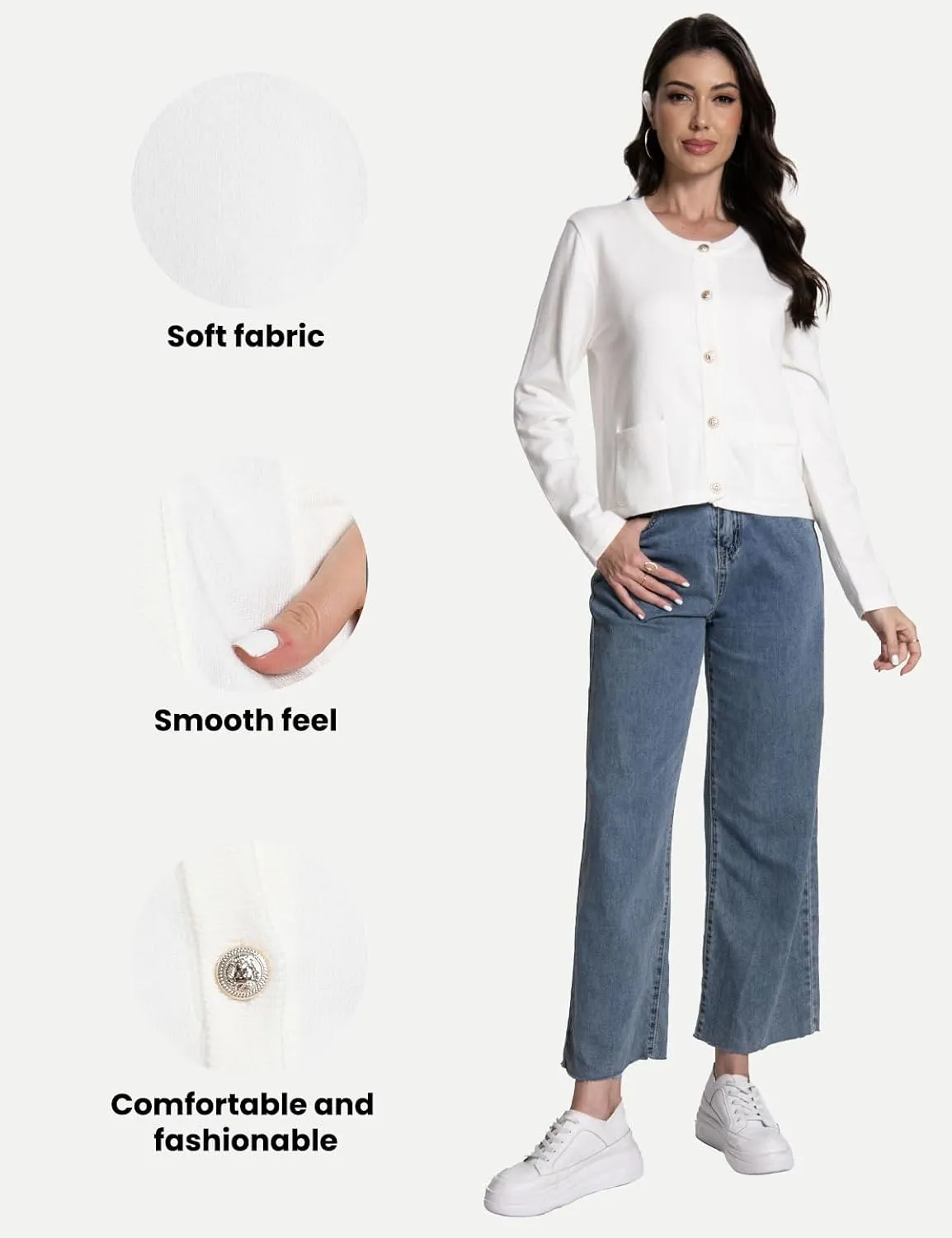 Women's Striped Cardigan Sweaters Trendy Long Sleeve Crew Neck Button Open Front Loose Lightweight Knit Crop Sweater