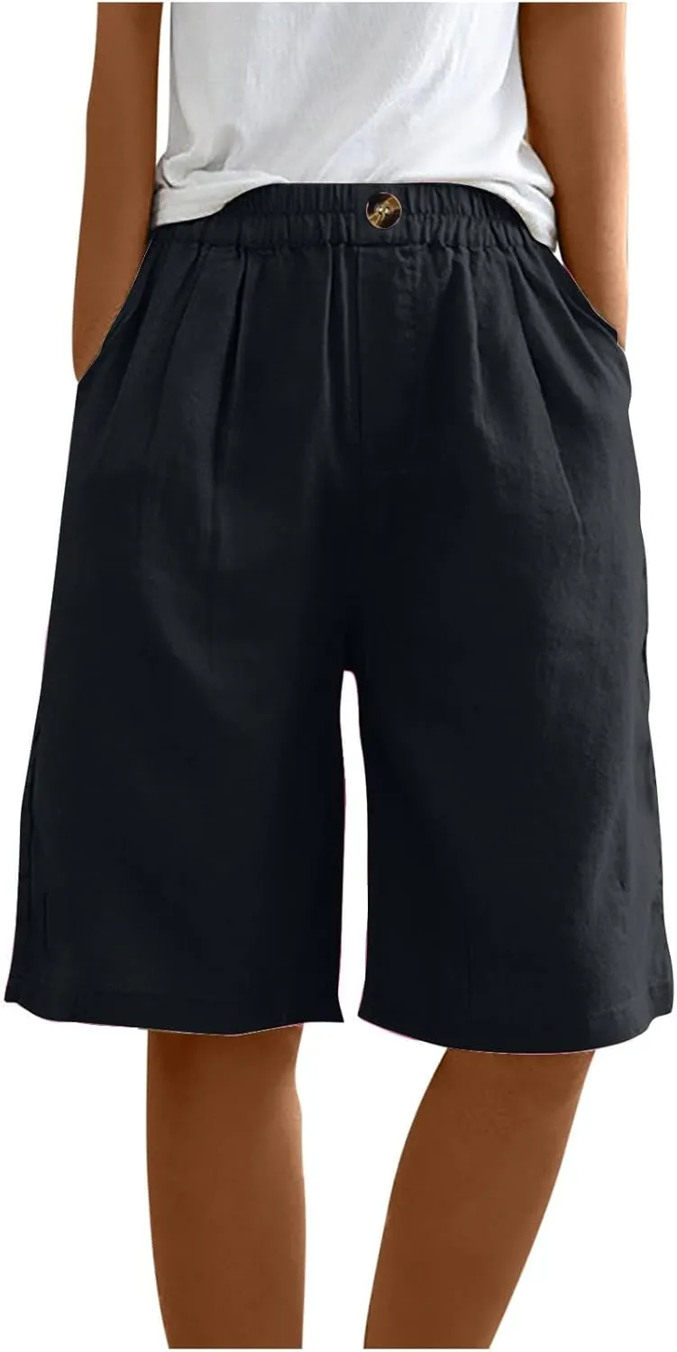 Women's Summer Cotton Linen Bermuda Shorts Loose Elastic Waist Knee Length Shorts Cosy Beach Shorts with Pocket