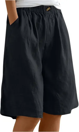 Women's Summer Cotton Linen Bermuda Shorts Loose Elastic Waist Knee Length Shorts Cosy Beach Shorts with Pocket