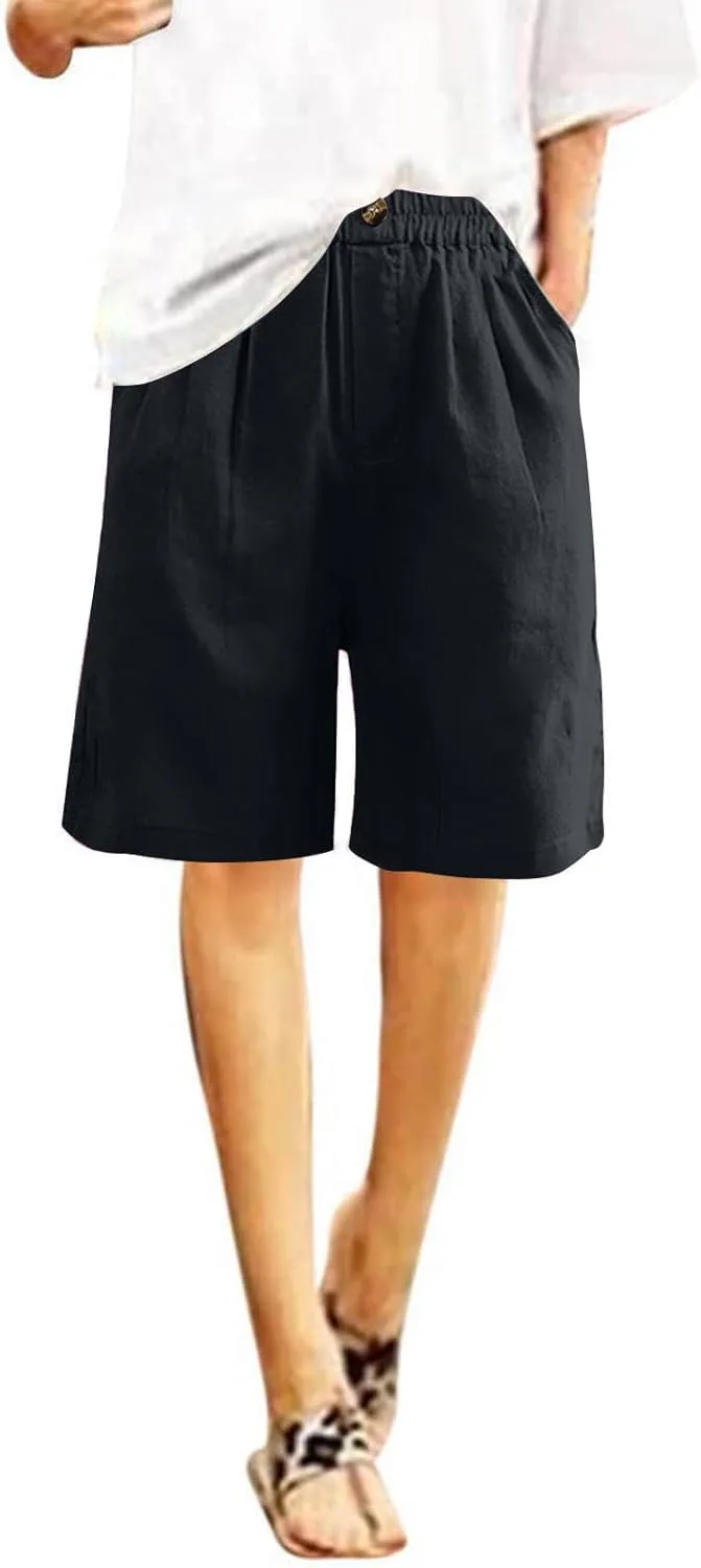 Women's Summer Cotton Linen Bermuda Shorts Loose Elastic Waist Knee Length Shorts Cosy Beach Shorts with Pocket