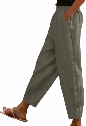 Women's Tear Away Pants High Split Snap Button Linen Pants Casual Post-Surgery Lounge Yoga Pants Summer Beach Trouser