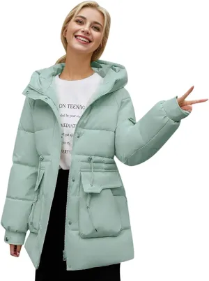 Women's Thickened Down Jacket Winter Hooded Mid-Length Puffy Packable Jacket Warm Puffer Down Coat Christmas Gifts