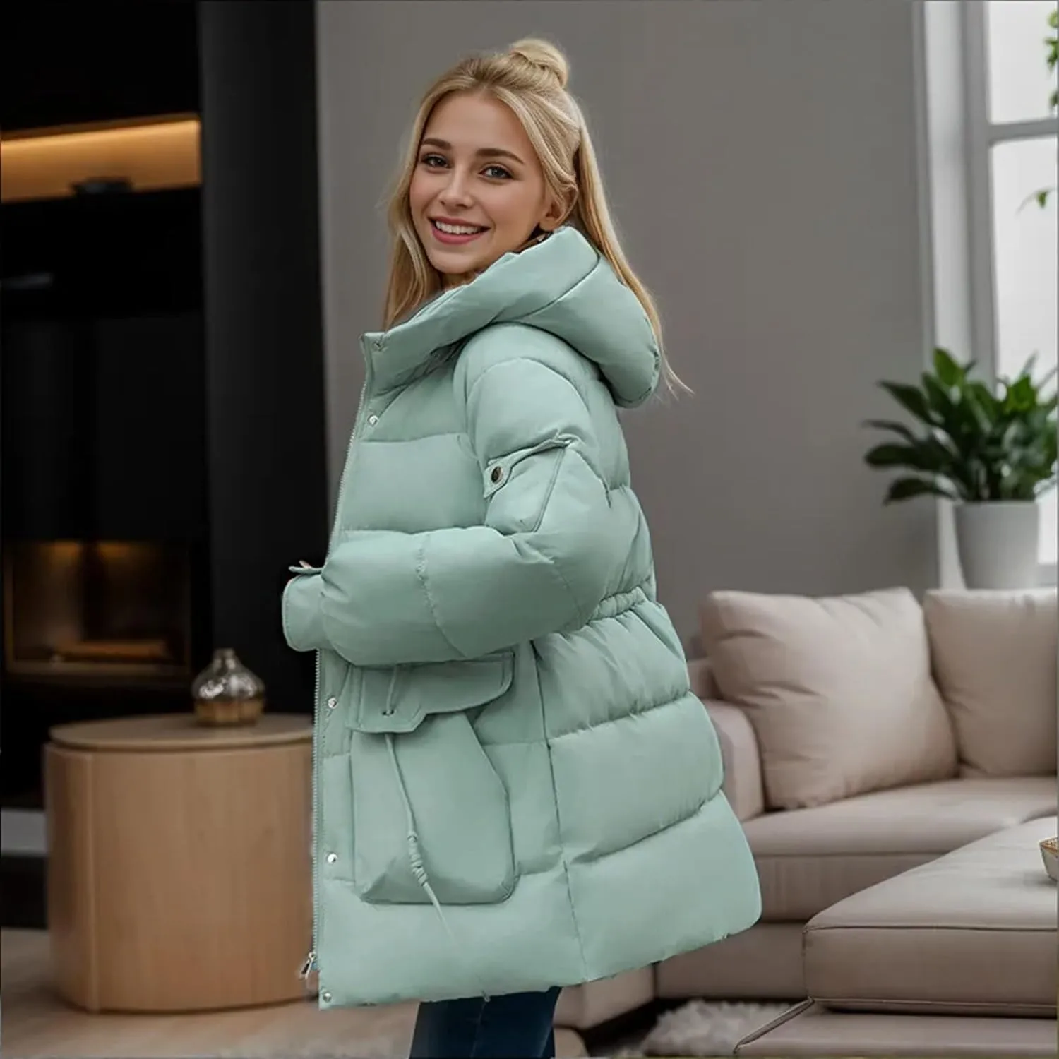 Women's Thickened Down Jacket Winter Hooded Mid-Length Puffy Packable Jacket Warm Puffer Down Coat Christmas Gifts