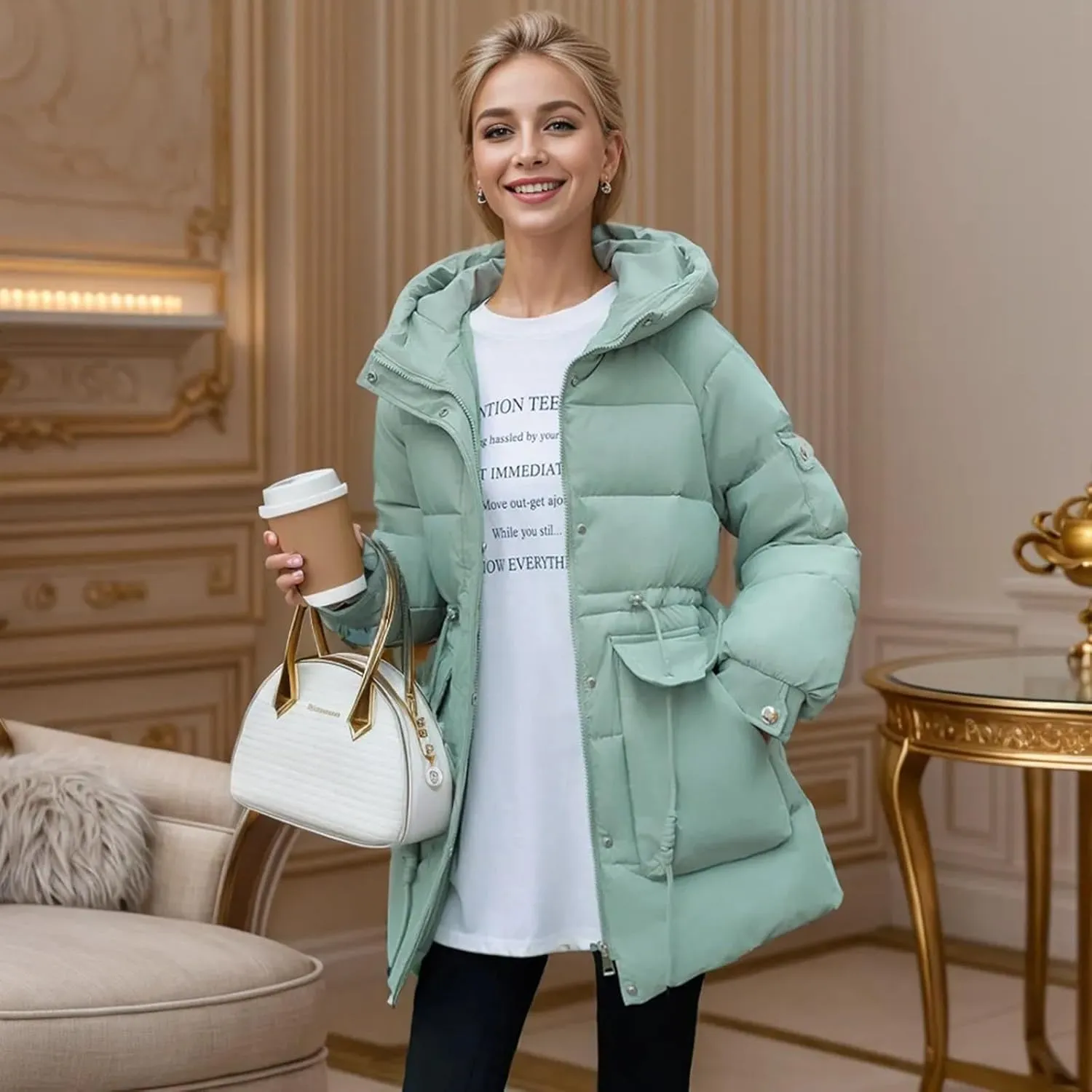Women's Thickened Down Jacket Winter Hooded Mid-Length Puffy Packable Jacket Warm Puffer Down Coat Christmas Gifts