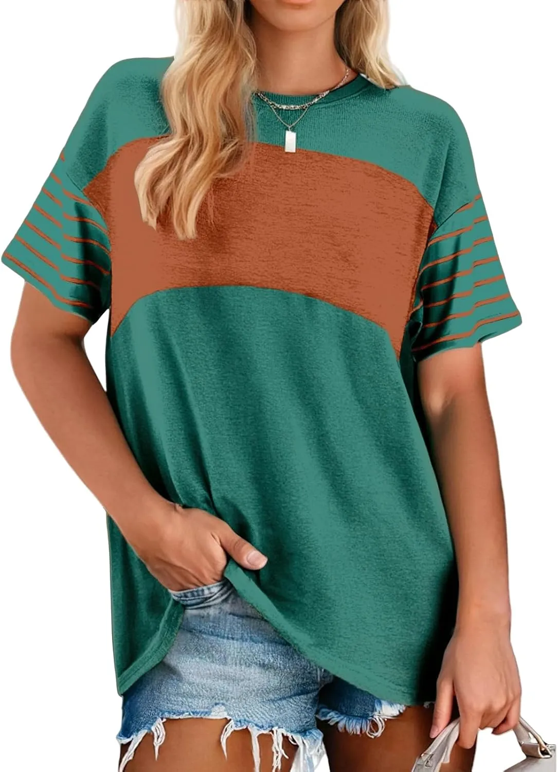 Womens Tunic Tops Oversized Crewneck Short Sleeve T Shirts Casual Color Block Striped Blouses Lightweight Summer Top