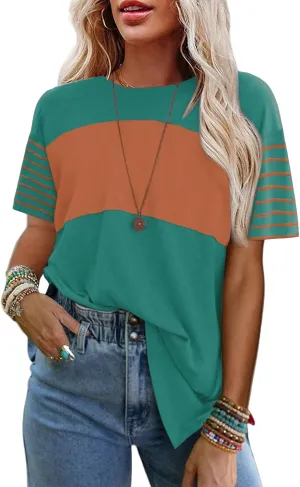 Womens Tunic Tops Oversized Crewneck Short Sleeve T Shirts Casual Color Block Striped Blouses Lightweight Summer Top