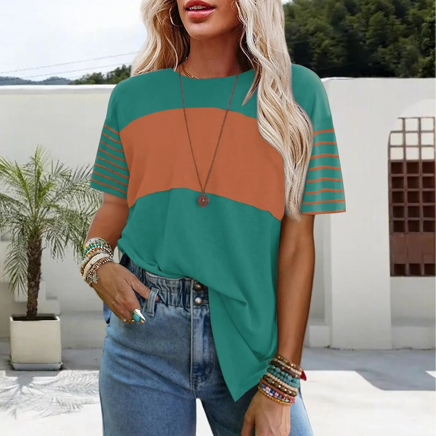 Womens Tunic Tops Oversized Crewneck Short Sleeve T Shirts Casual Color Block Striped Blouses Lightweight Summer Top