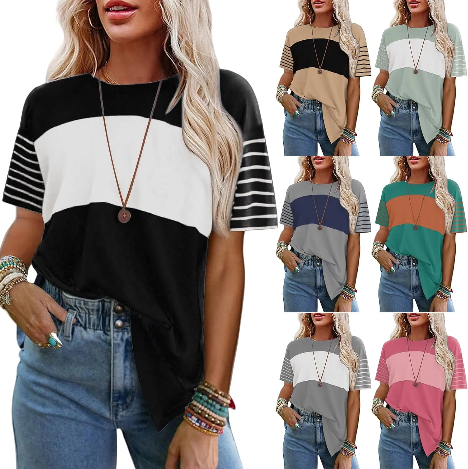 Womens Tunic Tops Oversized Crewneck Short Sleeve T Shirts Casual Color Block Striped Blouses Lightweight Summer Top