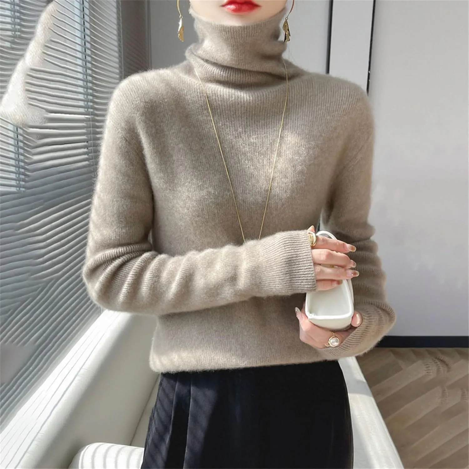 Womens Turtleneck Cashmere Sweater Long Sleeve Crewneck Knitted Pullover Casual Lightweight Y2k Dressy Sweaters Tops