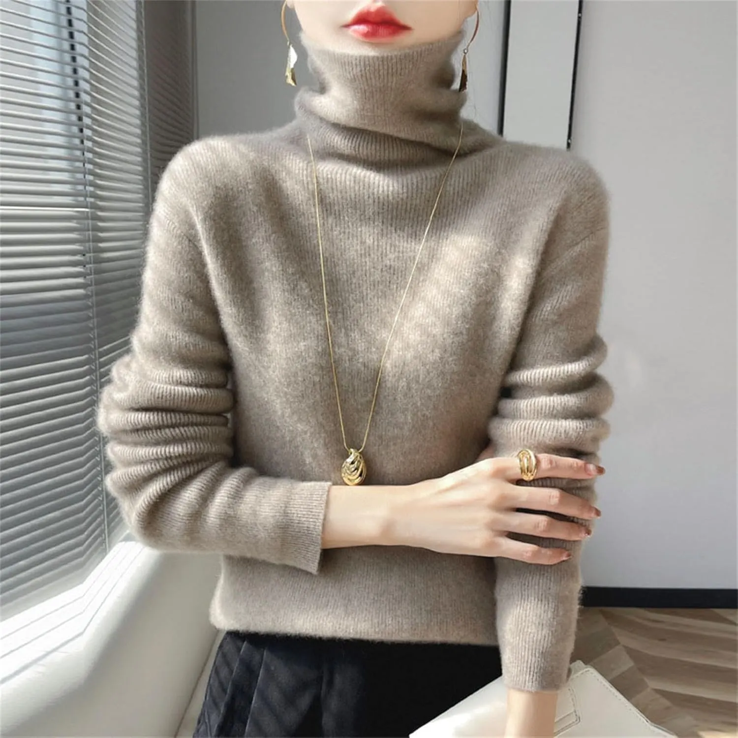 Womens Turtleneck Cashmere Sweater Long Sleeve Crewneck Knitted Pullover Casual Lightweight Y2k Dressy Sweaters Tops