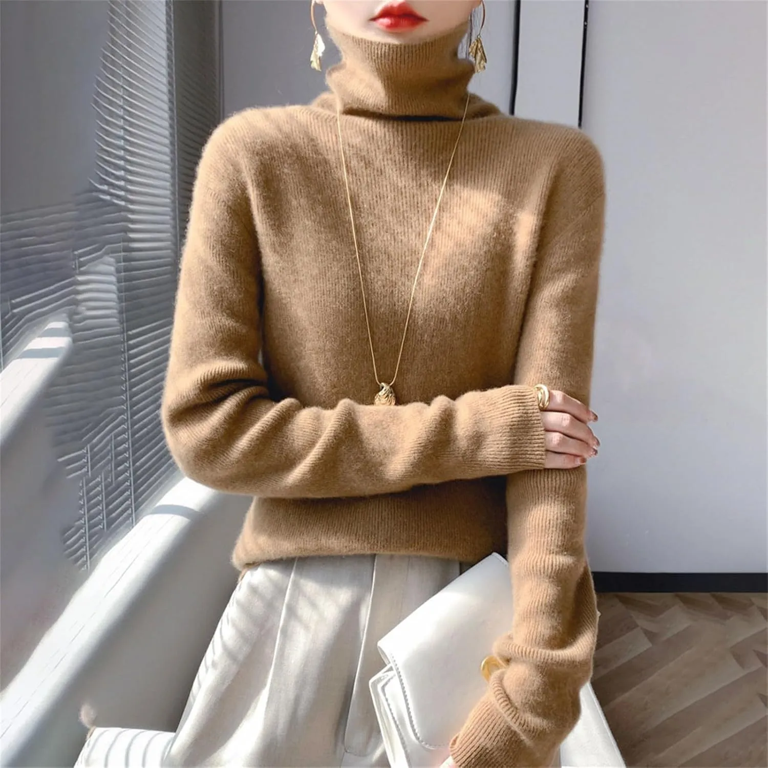 Womens Turtleneck Cashmere Sweater Long Sleeve Crewneck Knitted Pullover Casual Lightweight Y2k Dressy Sweaters Tops