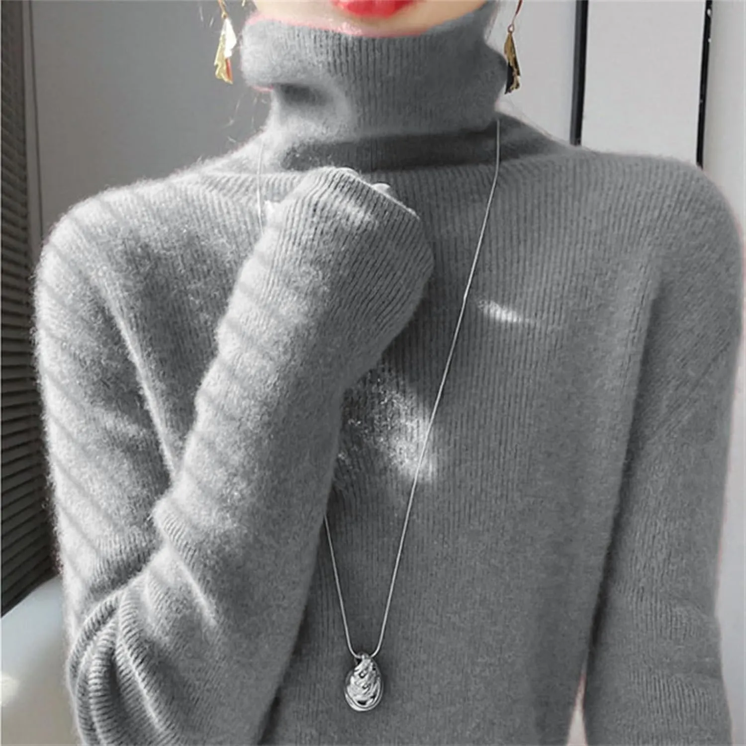 Womens Turtleneck Cashmere Sweater Long Sleeve Crewneck Knitted Pullover Casual Lightweight Y2k Dressy Sweaters Tops